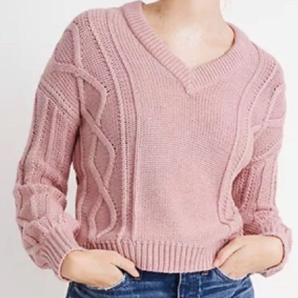 Madewell Women's Size XS Pink Cableknit Cotton V-Neck Sweater Long Sleeve Casual